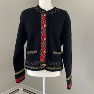 Black wool short jacket with Xmas plaid and gold braid trim- Eagle’s eye size L